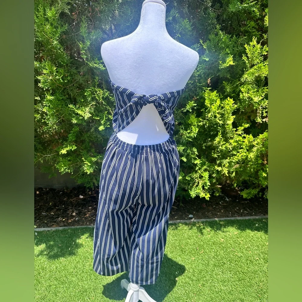 Lulus Saltwater and Sun Navy Blue Striped Strapless Midi Jumpsuit NWOT - Picture 3 of 6